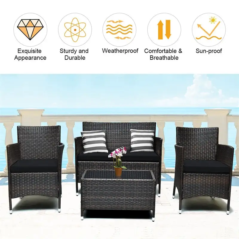 4 Pcs Outdoor Rattan Patio Conversation Set Wicker Furniture Set with Coffee Table and Cushioned Sofas