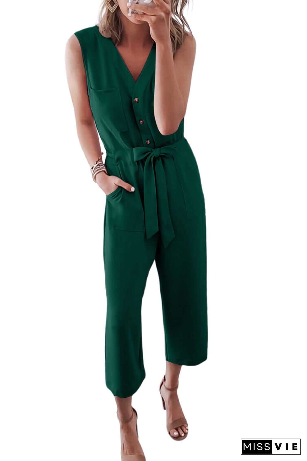 Green Buttoned Sleeveless Cropped Jumpsuit with Sash