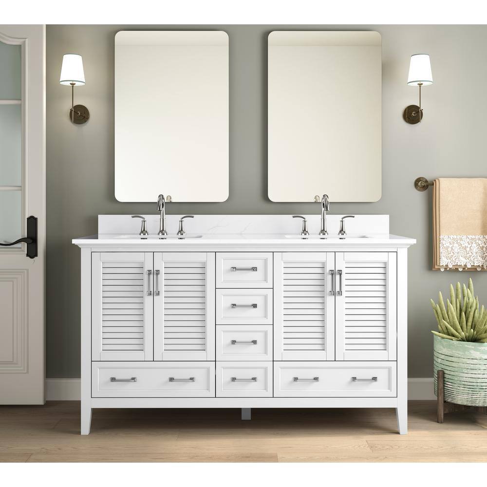 Home Decorators Collection Dennick 60 in. W x 22 in. D x 34.5 in. H Double Vanity in White with Engineered Carrara Marble Top and White Sinks TJ-0213V6022WH