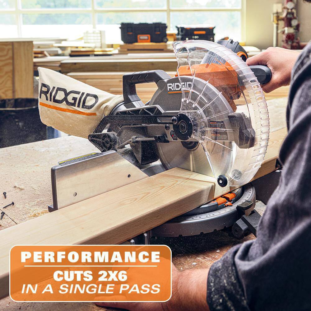 RIDGID 15 Amp 10 in. Corded Dual Bevel Miter Saw with LED Cut Line Indicator with 10 in. 40T Carbide Thin Kerf Miter Saw Blade R4113-A181002