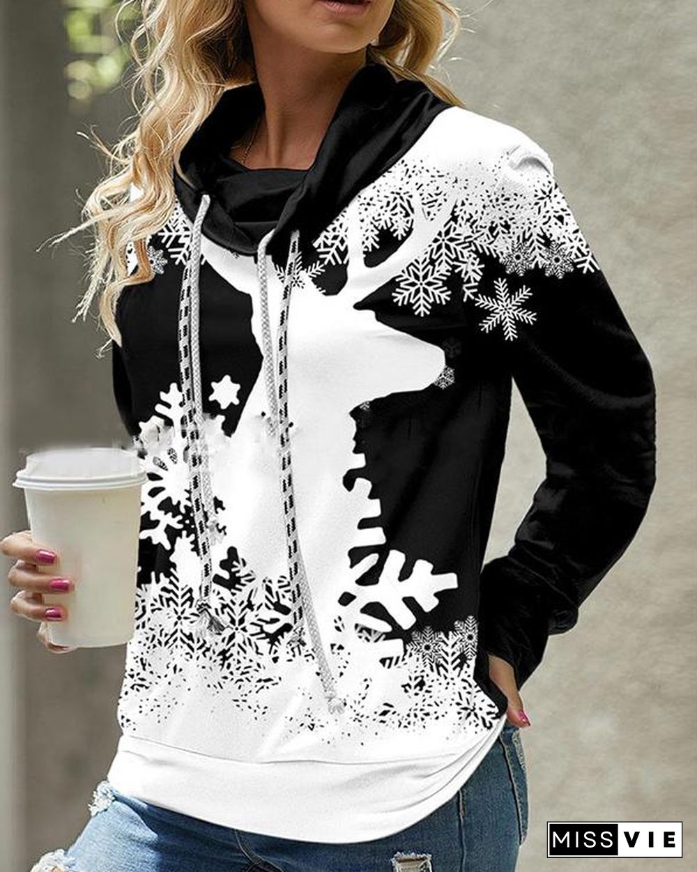 Drawstring Christmas Snowflake Elk Print Red and Black Sweatshirt