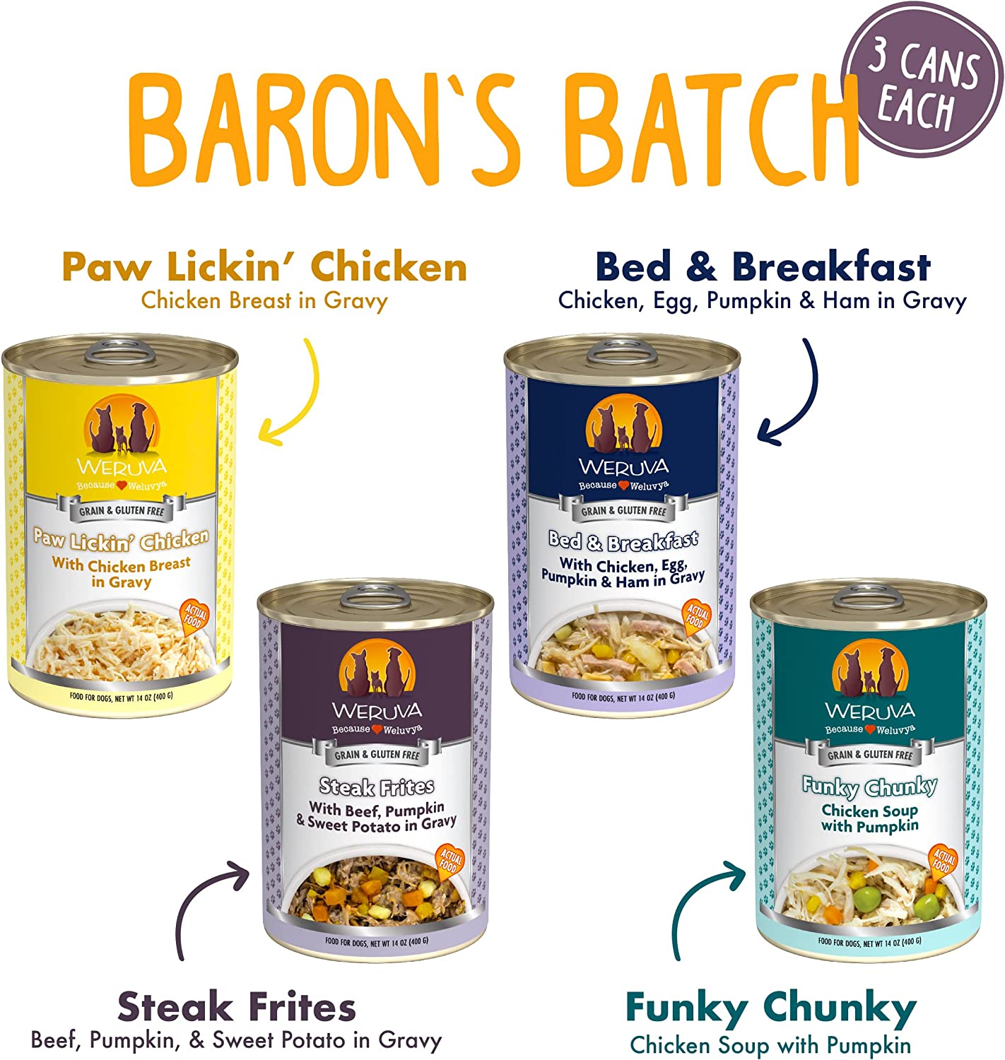 Weruva Baron's Batch Variety Pack Grain-Free Canned Dog Food 14 Ounce (Pack of 12)