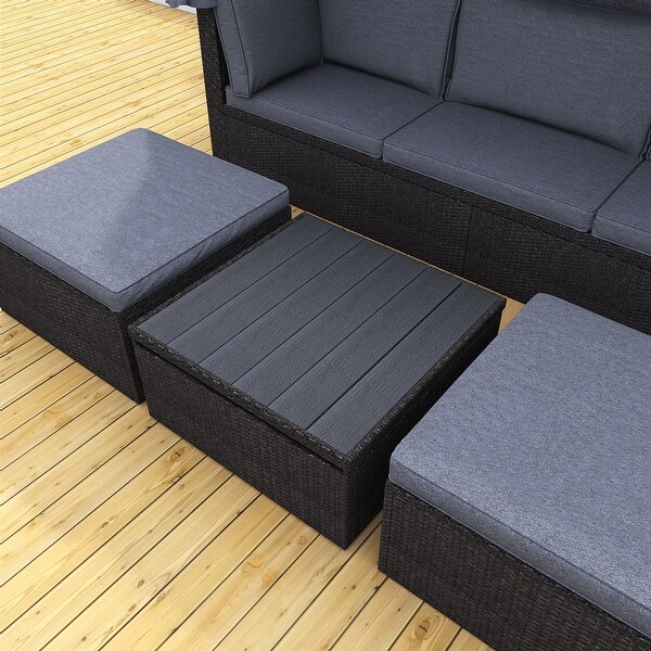 4Piece Outdoor Wicker Sectional Patio Daybed with Canopy and Ottoman