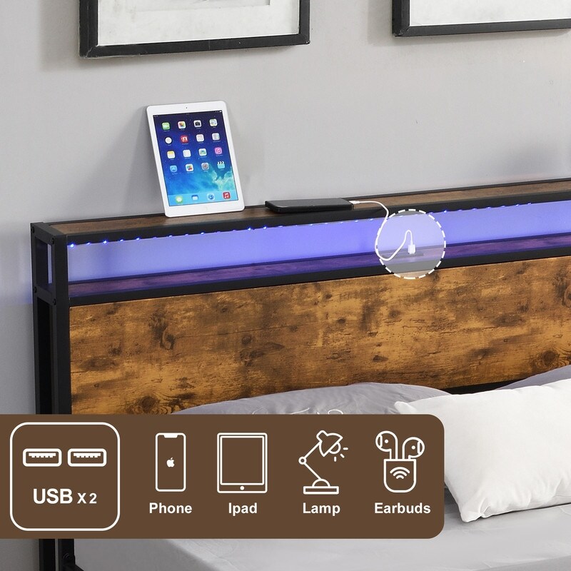 Industrial Queen/ Full Bed Frame with LED Lights and 2 USB Ports Rustic Brown