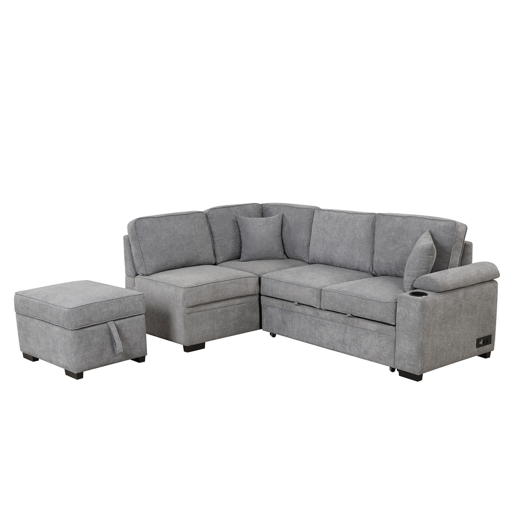 Pull Out Sleeper Sectional Sofa Set L shape Linen Couch Set with Storage Ottoman and USB Port   Cupholder for Living Room