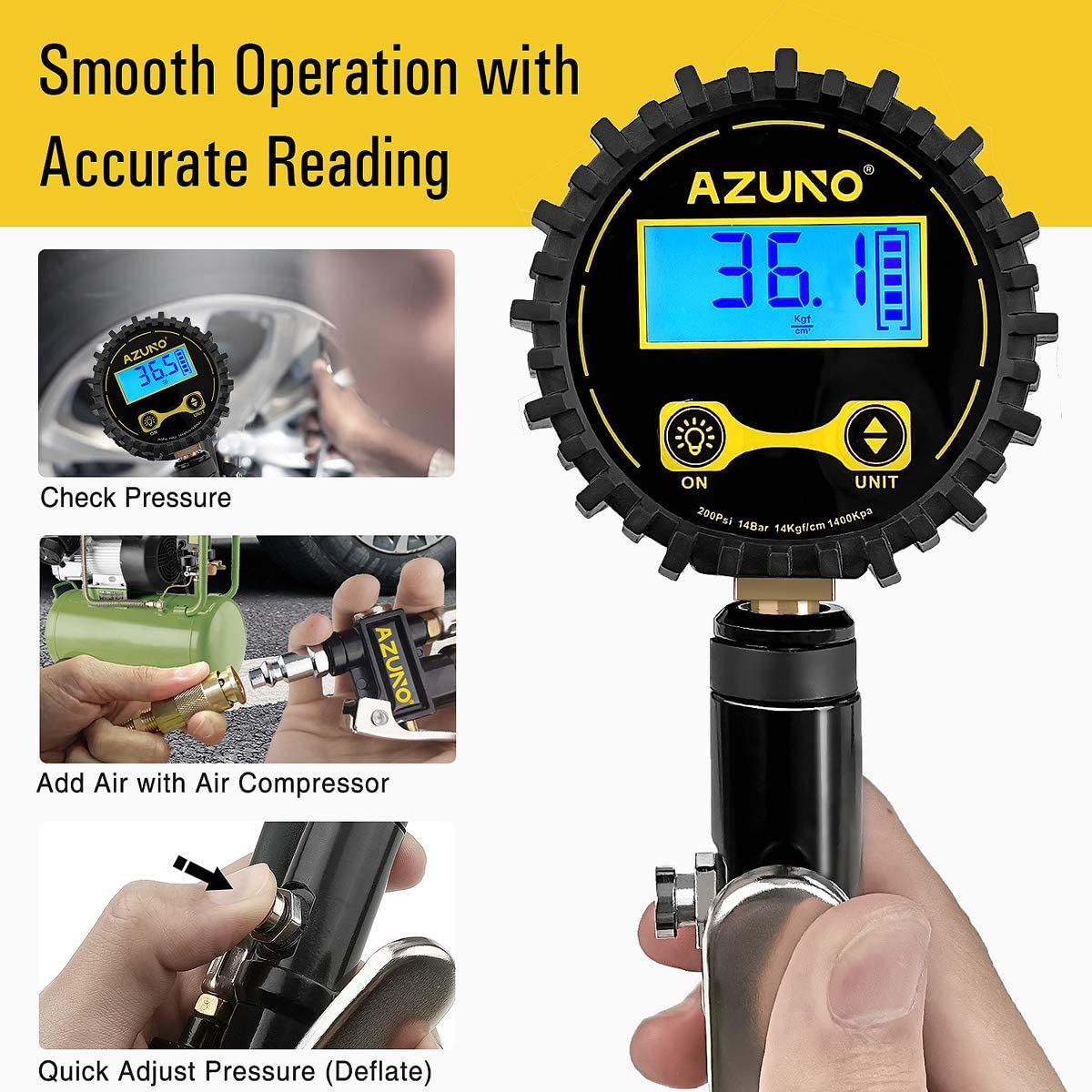 AZUNO Digital Tire Inflator with Pressure Gauge， 200 PSI