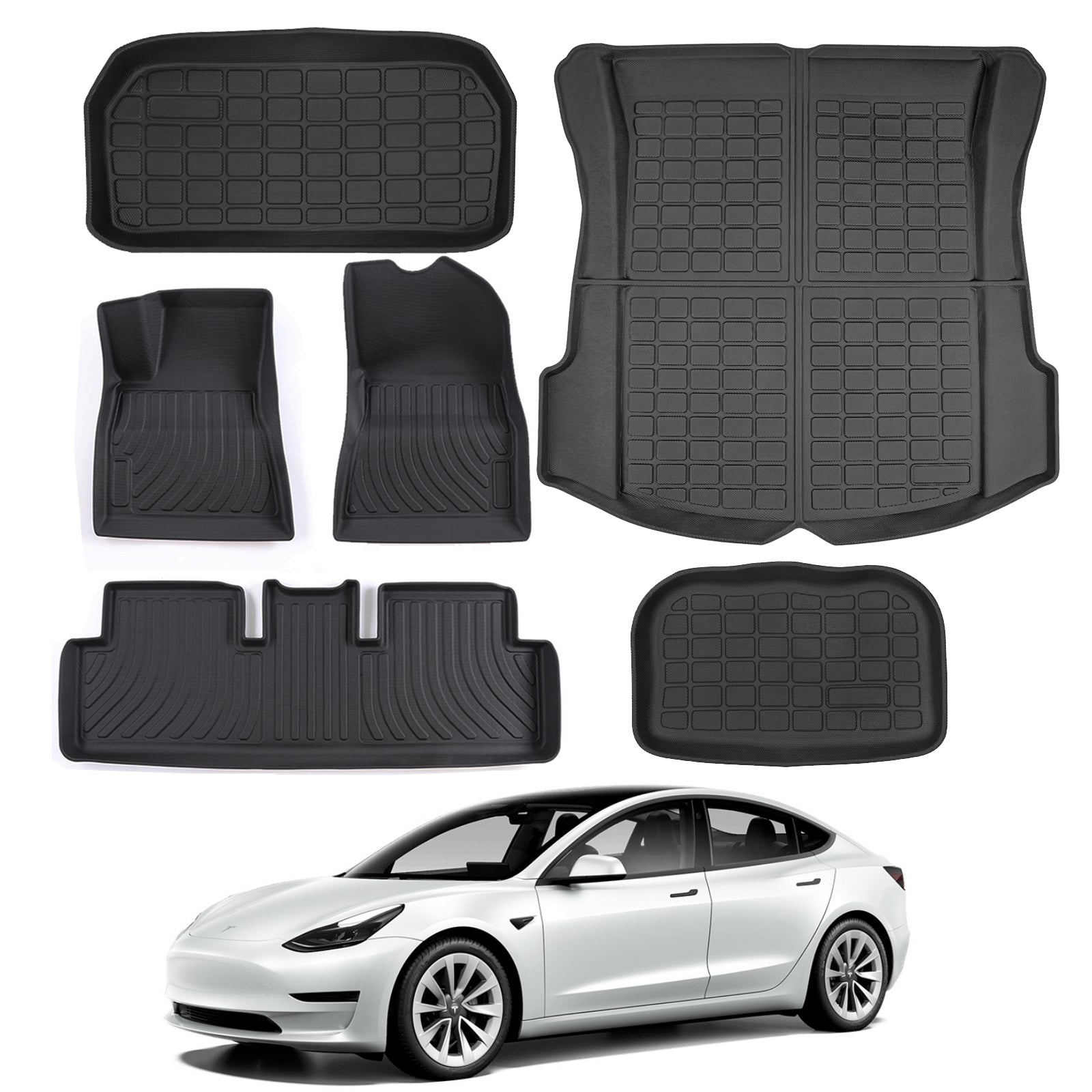 KIKIMO Tesla Model 3 Floor Mats， Tesla Model 3 2017-2022 Accessories， All Weather Floor Mat Front Rear Cargo Liner Mat， Waterproof Anti-Slip Floor Mat Custom Fit for Tesla， Heavy Duty Floor Mats