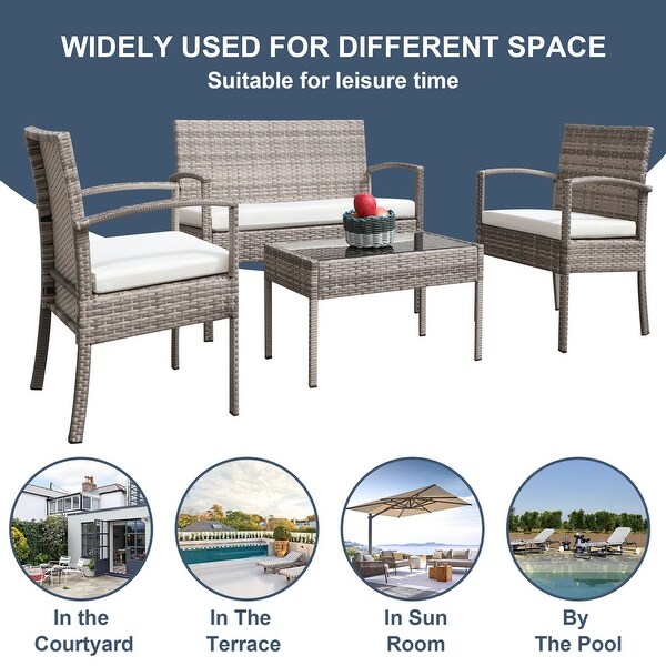 4 pieces Outdoor PE Rattan Weaving Wicker Conversation Sets， Beige - Overstock - 37882934