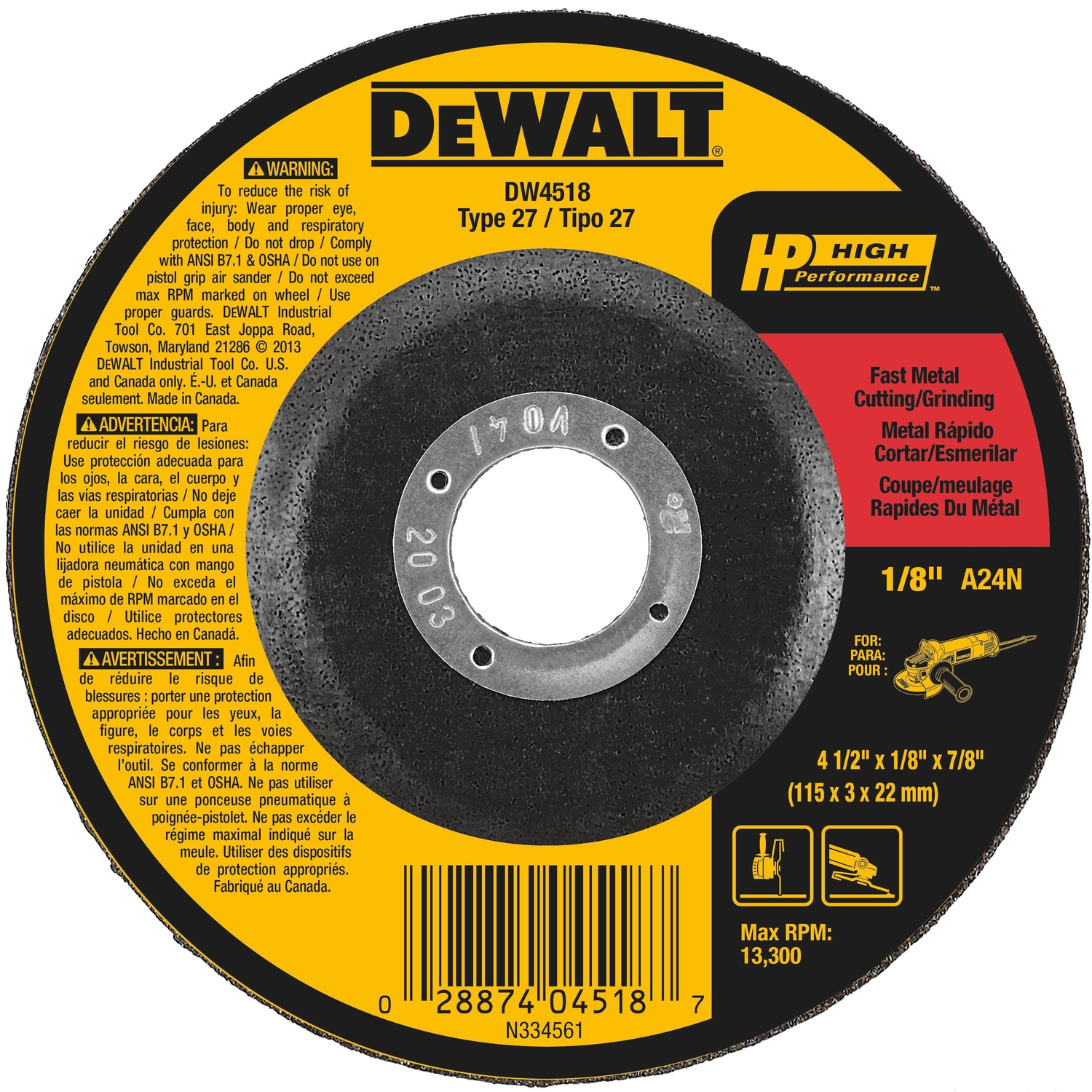 DW High Performance 4-1/2 in. D X 7/8 in. Aluminum Oxide Cutting/Grinding Wheel 1 pc