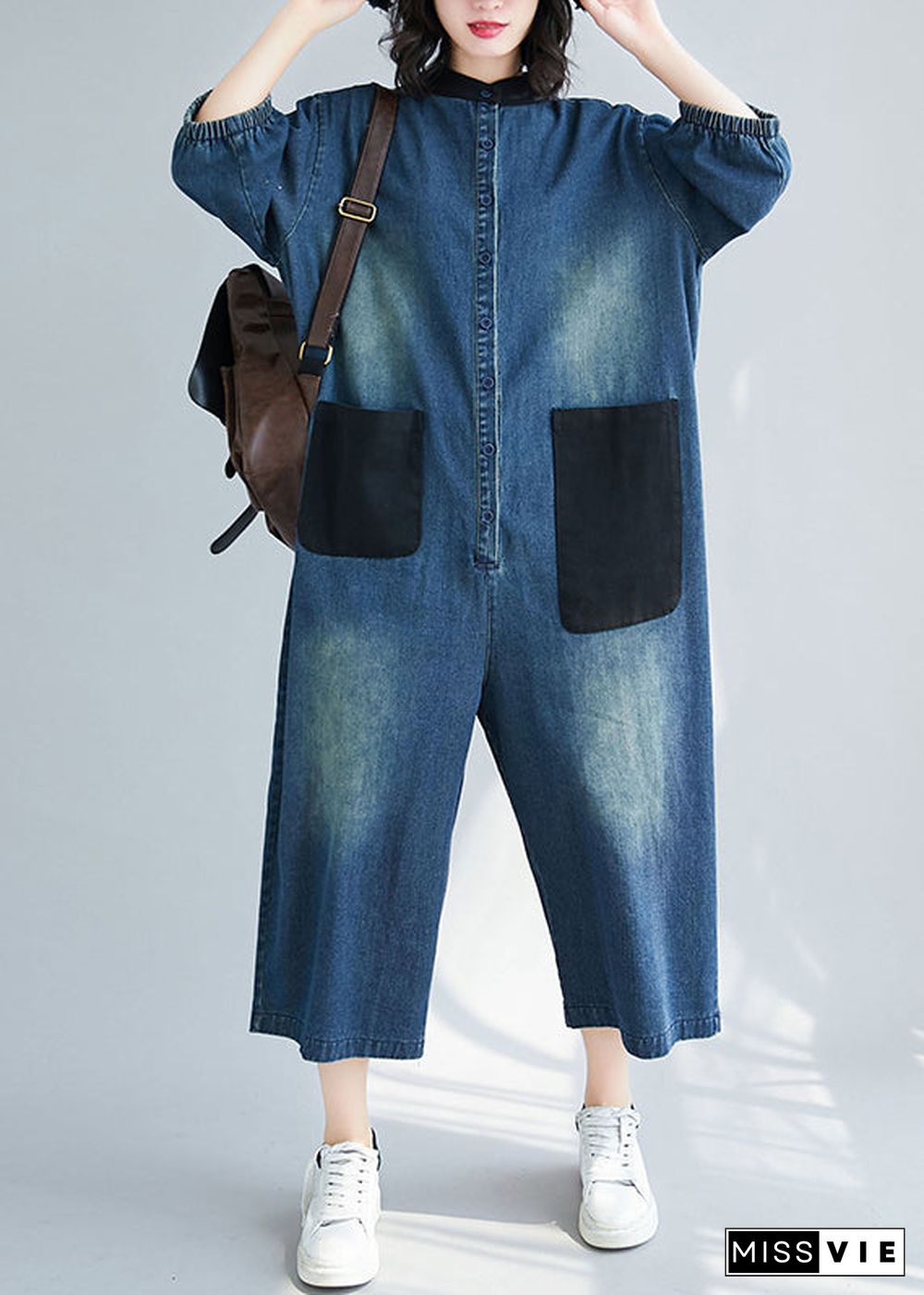 Style Blue Stand Collar Oversized Patchwork Pockets Denim Jumpsuits Summer