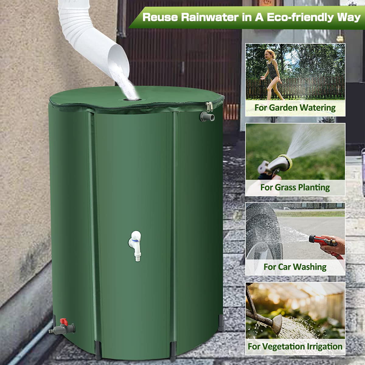 IOCOCEE 53 Gallon Collapsible Rain Barrel，Filtrable Portable Water Storage Tank，Garden Water Barrel with Drains and Taps(Green)