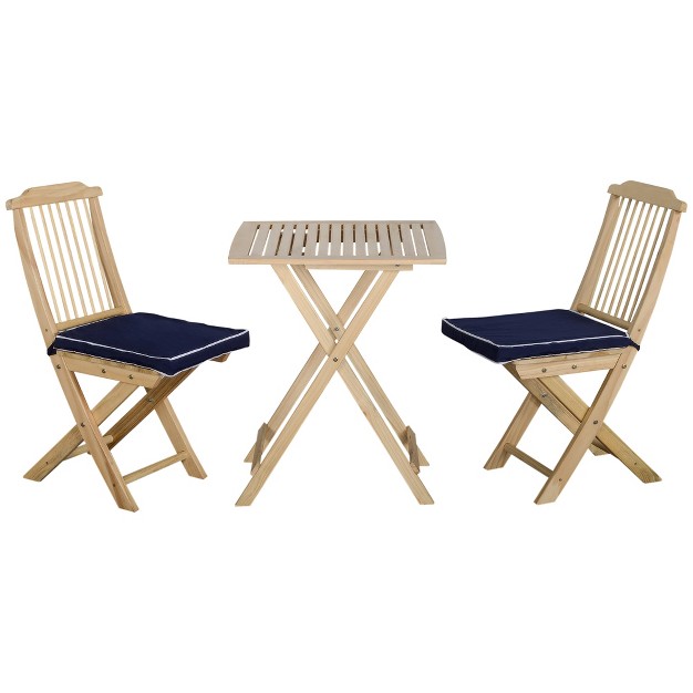 Outsunny 3 Pieces Patio Folding Bistro Set Outdoor Pine Wood Table And Chairs Set With Tie on Cushion amp Square Coffee Table Dark Blue