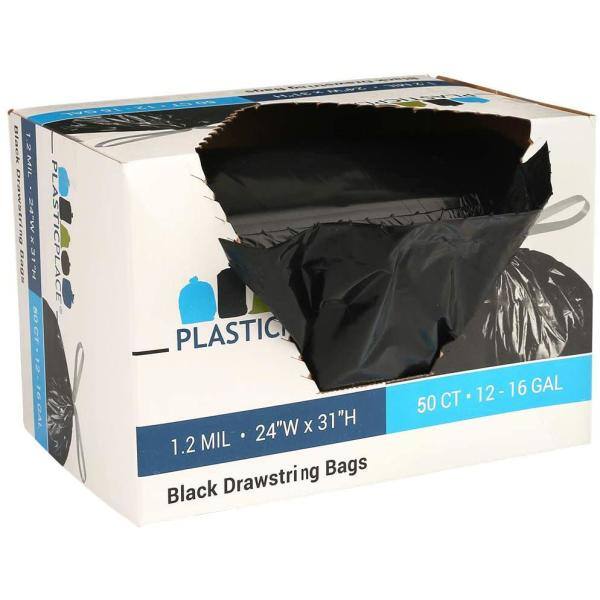 Plasticplace 24 in. W x 31 in. H 13 Gal. 1.2 mil Black Flat Seal Low Density Drawstring Bags (50-Pack) W13DSBKJR