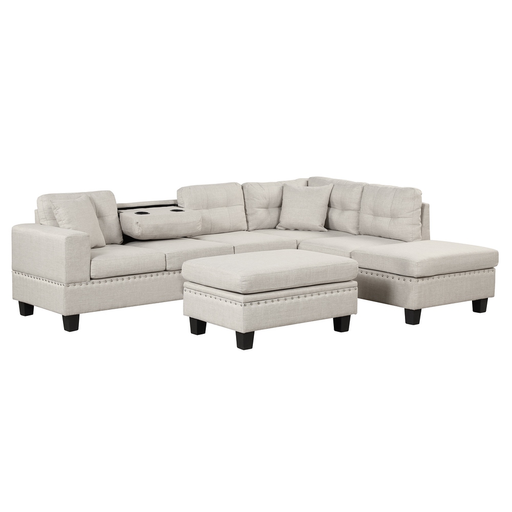 Modern Sectional Sofa with Storage Ottoman and Reversible Chaise L Shape Couch with Pillows and Cup Holder for Living Room