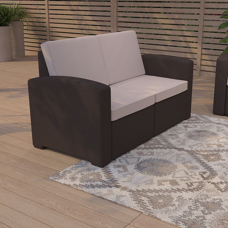 Merrick Lane Malmok Outdoor Furniture Resin Loveseat Faux Rattan Wicker Pattern 2-Seat Loveseat With All-Weather Cushions