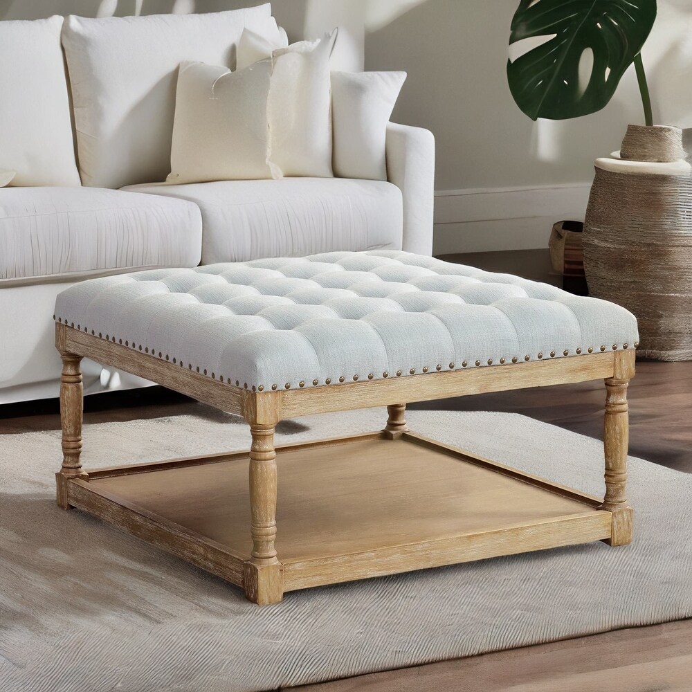 Tufted Textile Shelved Ottoman Table Brown/ Beige/ Light Blue