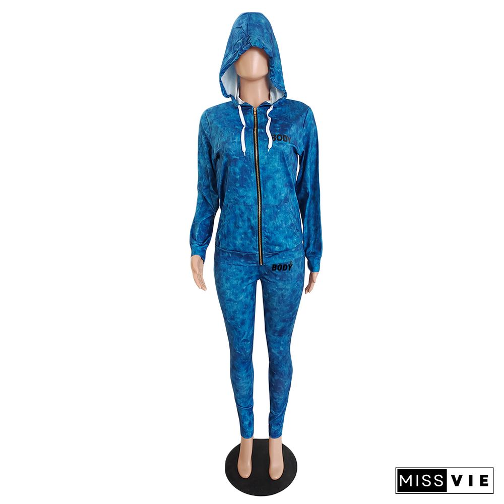 Long Sleeve Print Zipper Hoodie Jacket+Pants Tracksuit