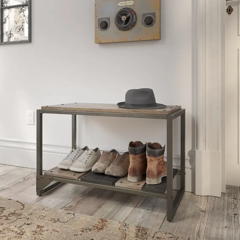 Refinery Distressed Rustic Gray Shoe Storage Bench - Bush Furniture