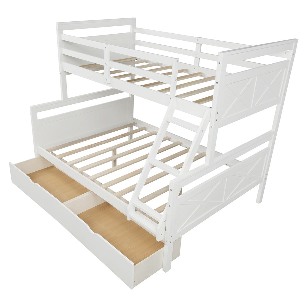 Twin Over Full Bunk Bed, Solid Wood Bed Frame with Two Storage Drawers, Ladder and Safety Guardrail for Kids Guest Room Bed (White)