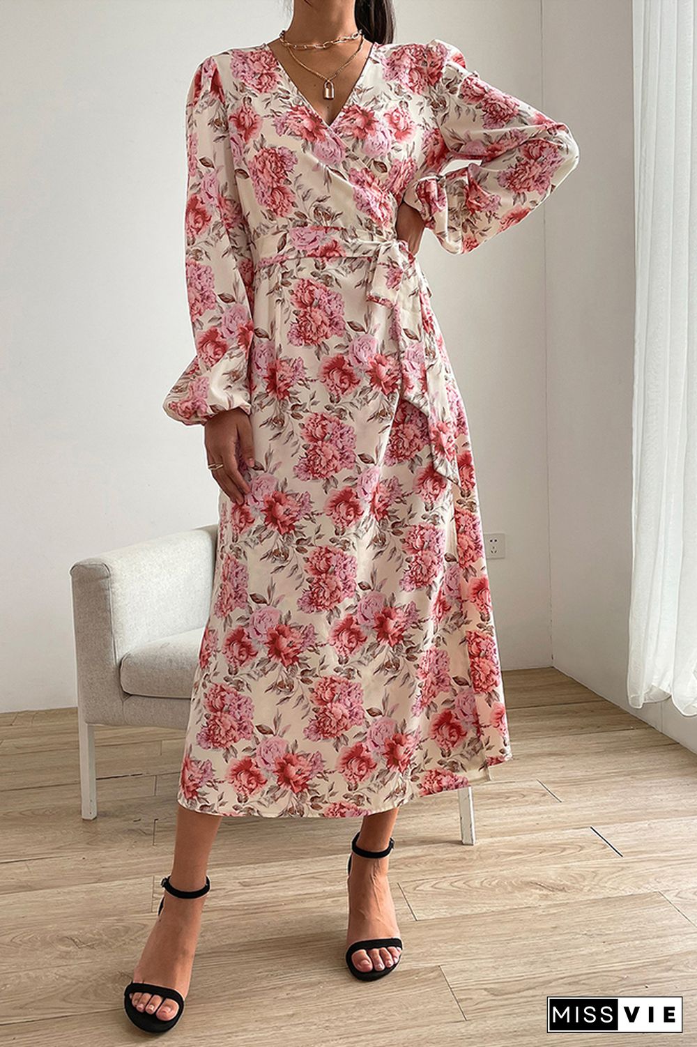 V Neck Puff Sleeve Waist Tie Knot Split Floral Dress