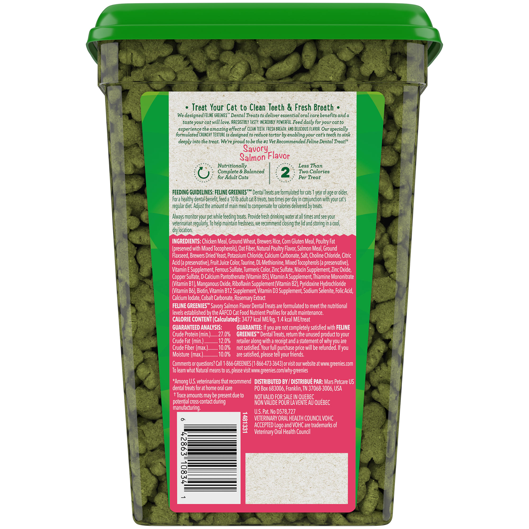 Feline Greenies Natural Savory Salmon Flavor Adult Dental Cat Treats， 21 oz.