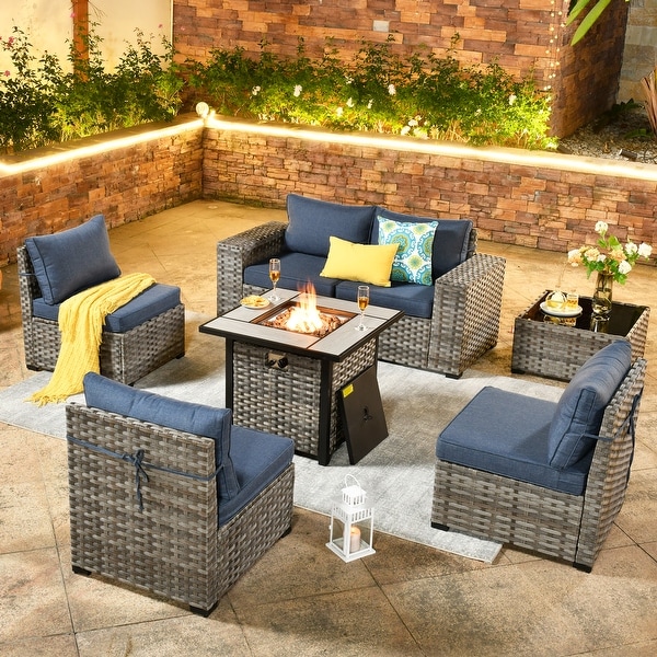 OVIOS Patio Wicker Furniture Wide Arm 7piece Fire Pit Set with Table