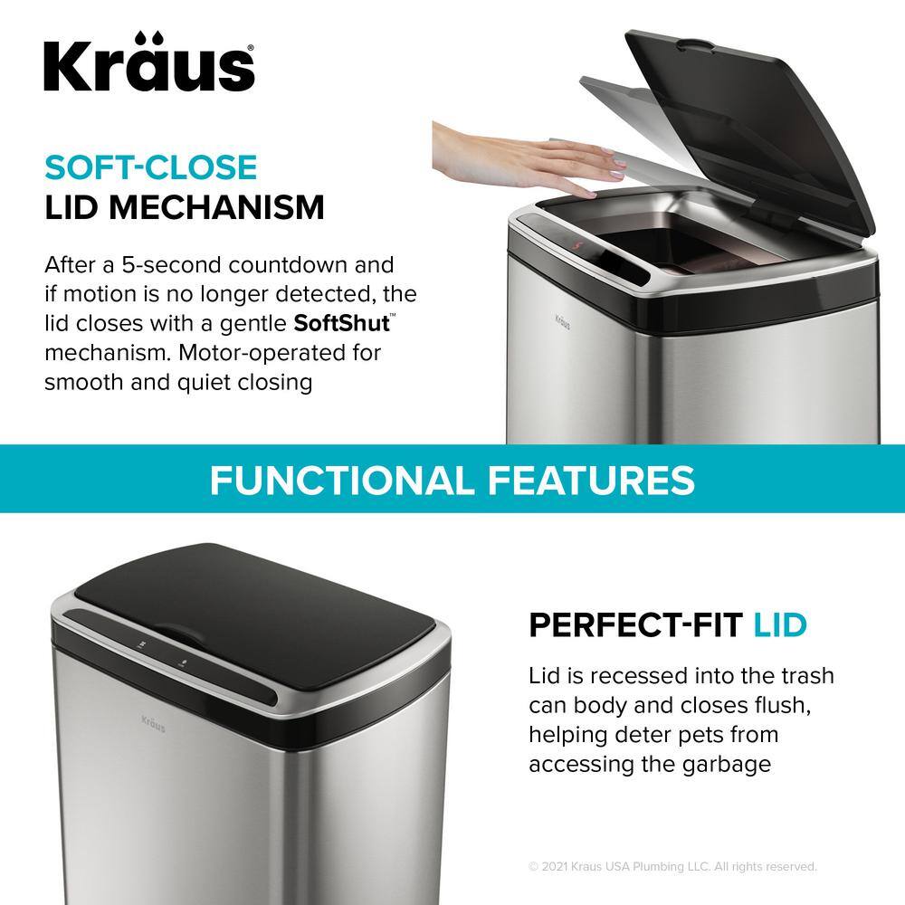 KRAUS Garbage Pro Rectangular 13 Gal. Motion Sensor Trash Can in Stainless Steel with Soft Shut Lid KTCS-10SS