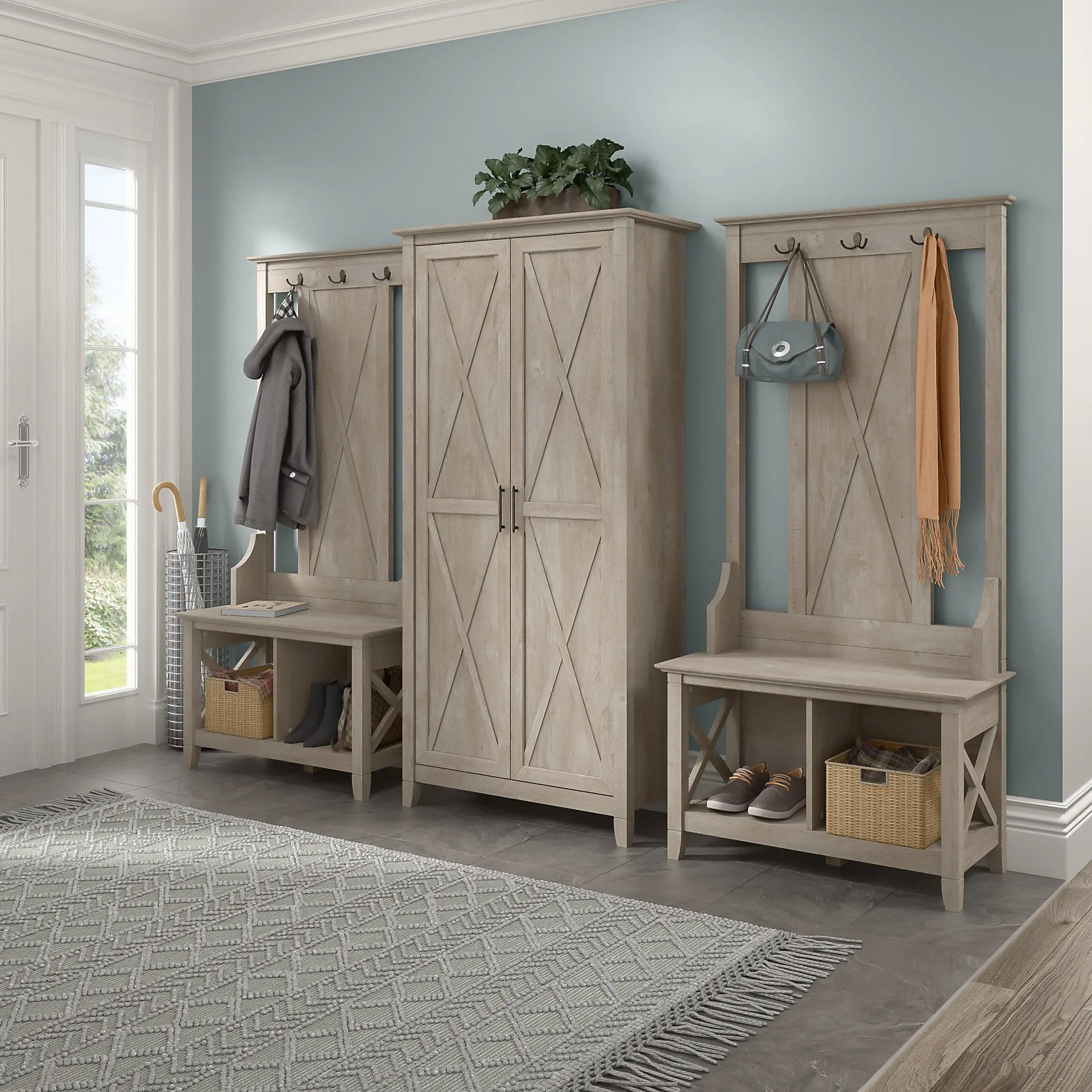 Key West Farmhouse Washed Gray 2-Door Tall Storage Cabinet - Bush Furniture