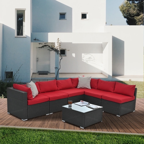 7Pcs Outdoor Sectional Furniture Set，AllWeather PE Rattan Sectional Sofa Conversation Set w/ Coffee Table and Washable Cushions