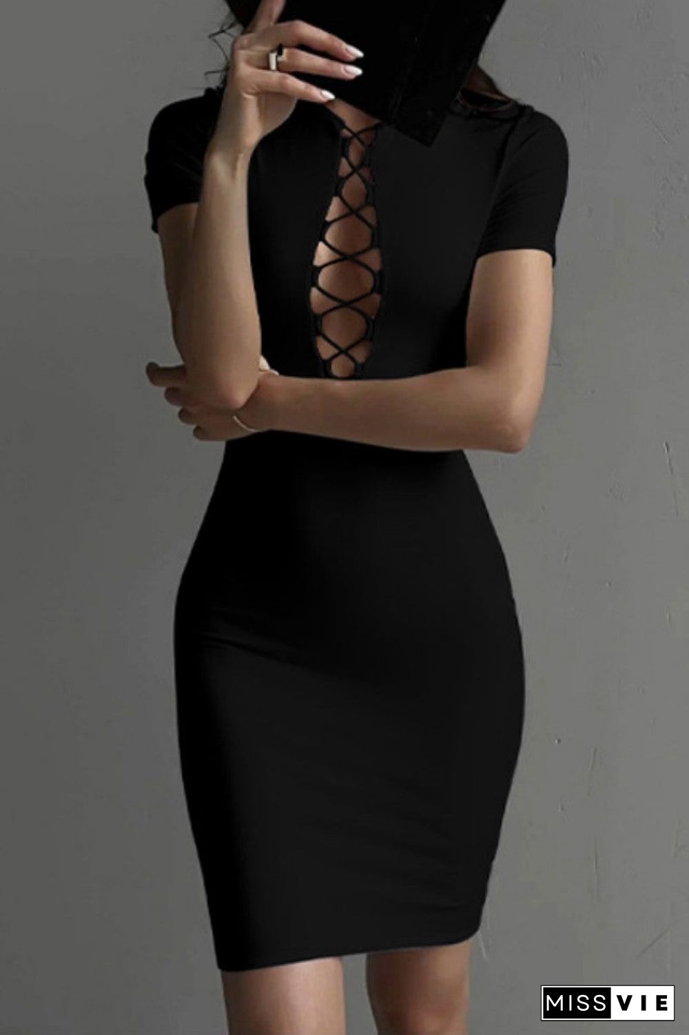 Casual Solid Hollowed Out O Neck Short Sleeve Dress