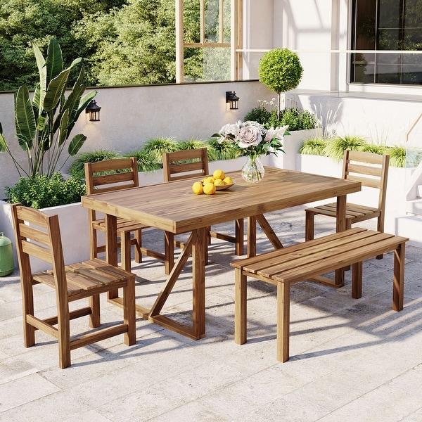 6Piece Patio Outdoor Acacia Wood Table and Chair Set With Bench