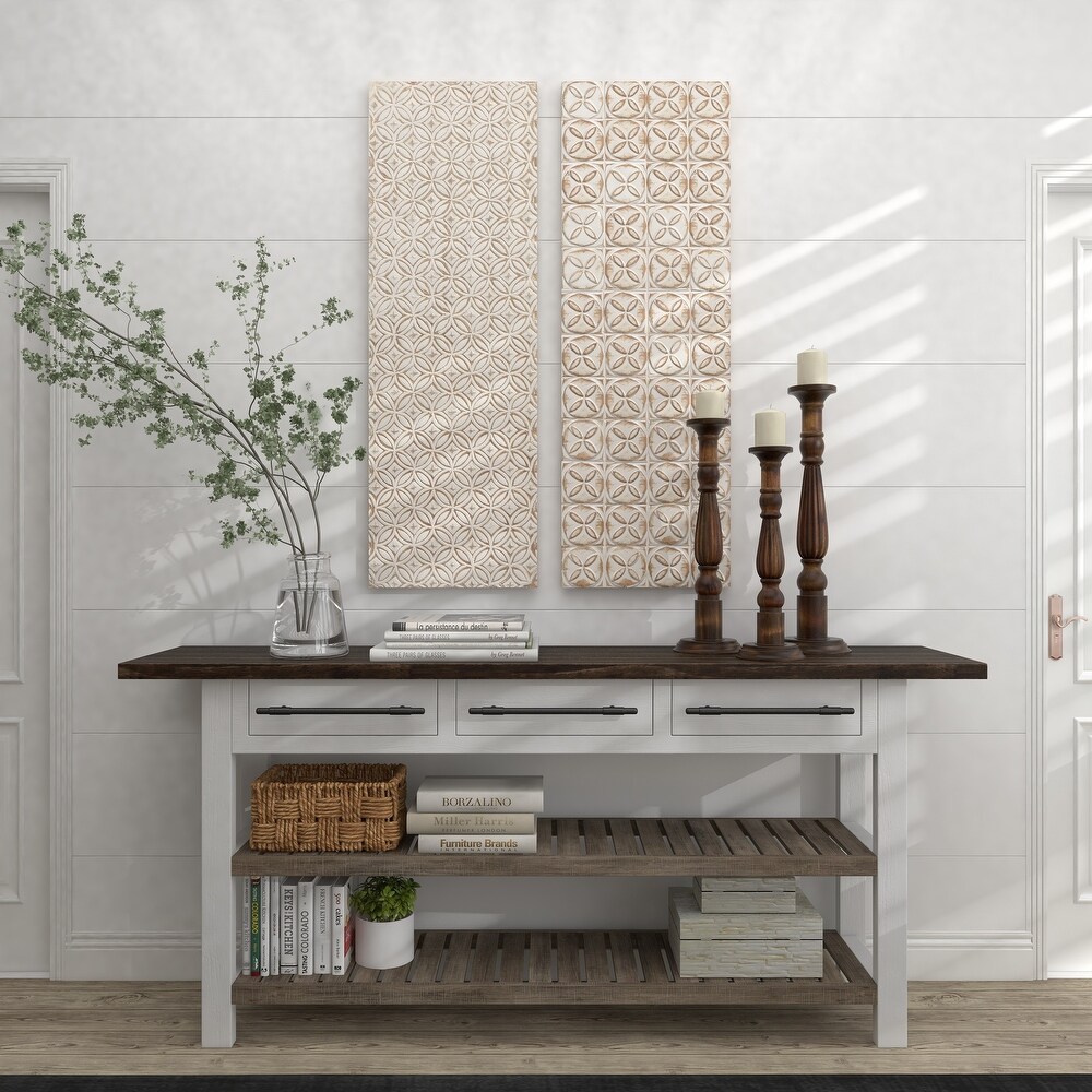White Wooden Intricately Carved Geometric Wall Decor (Set of 2)