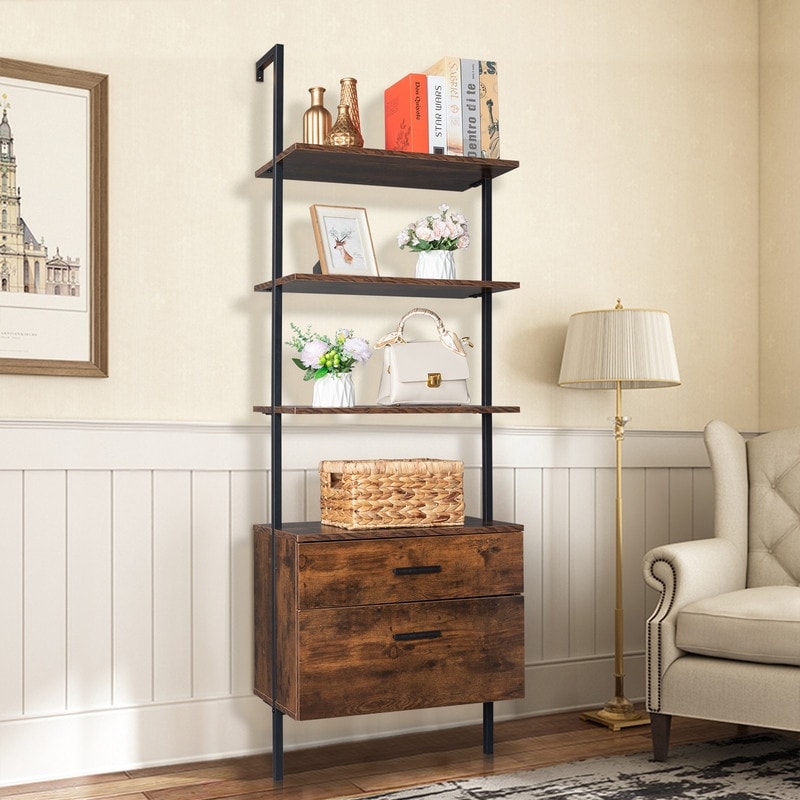 4 Tier Industrial Bookshelf with Wood Drawers and Matte Steel Frame