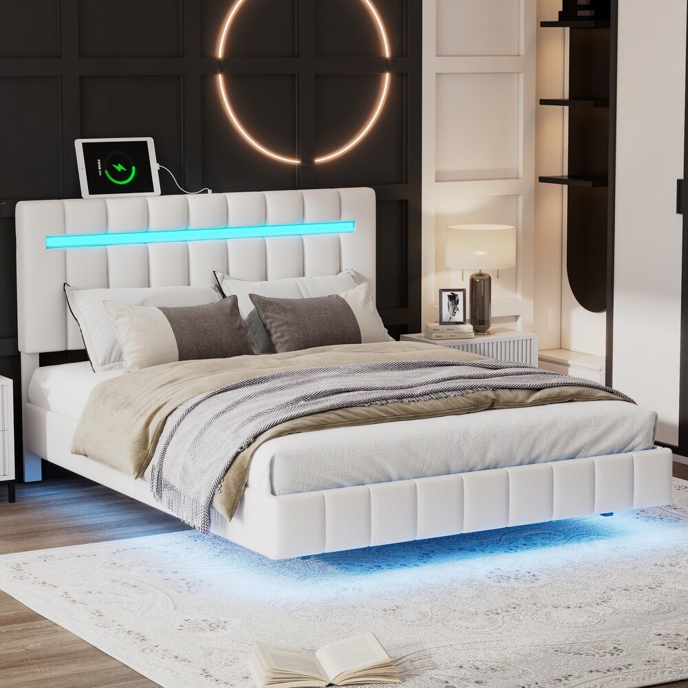 Floating Bed Frame w/ LED Lights Headboard Unique PU Upholstered Platform LED Bed Frame w/ USB Power Strips No Box Spring Needed