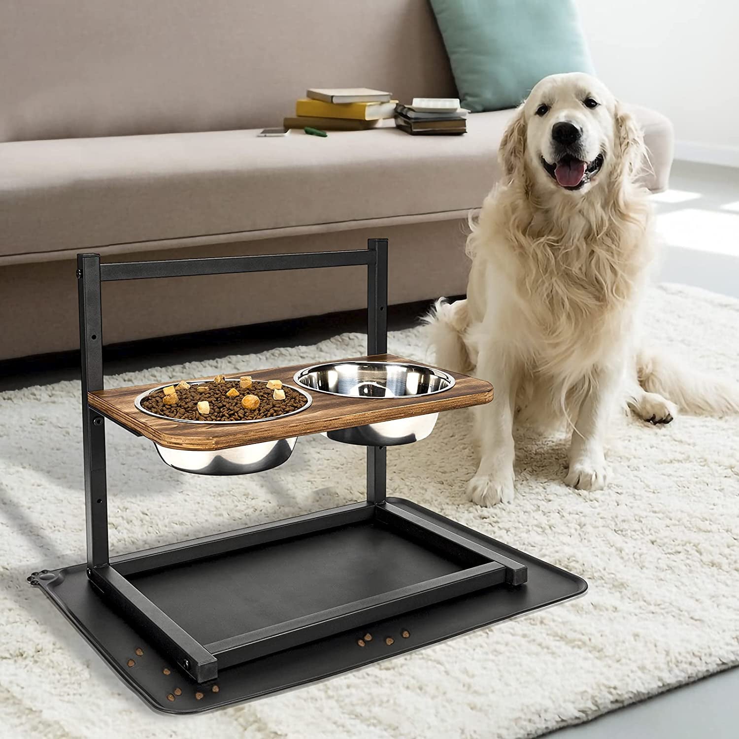 Emfogo Dog Bowls Elevated Dog Bowls Stand Adjustable Elevated 3 Heights with Spill Proof Mat Raised Dog Bowl for Large Dogs,16.5x16 inch