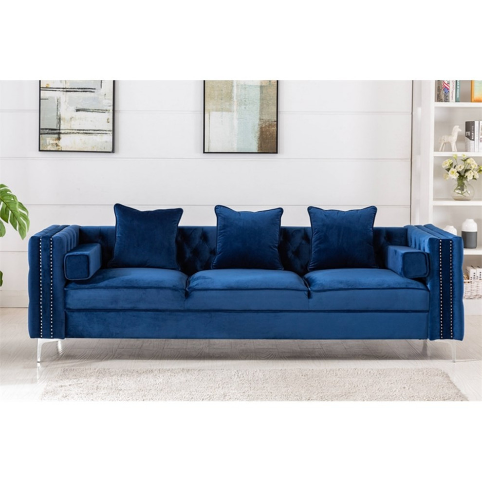 Legend Vansen 104 quotModern Wood  ampVelvet Fabric Sofa with Ottoman in Blue   Midcentury   Sectional Sofas   by Homesquare  Houzz