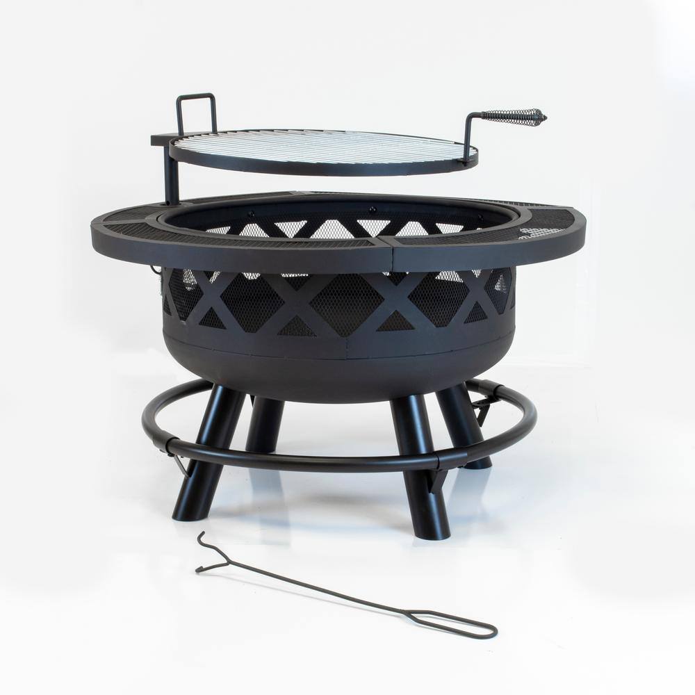 26 in. H Outdoor Steel Black Fire Pit with Adjustable Cooking Grid 5511