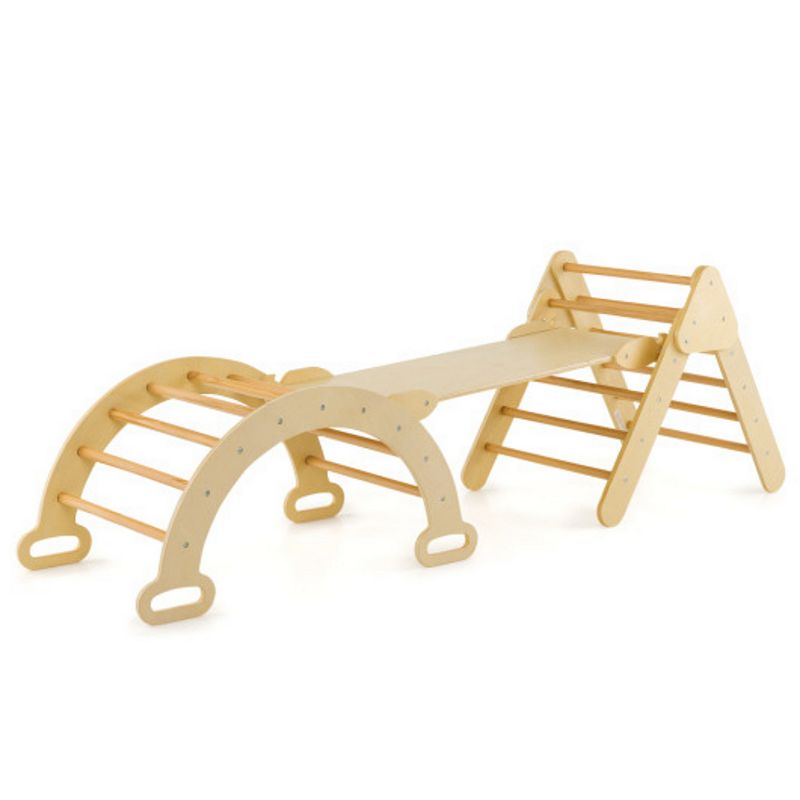 Wooden Kids Climber Toys with Triangle Arch Ramp for Sliding Climbing-Natural