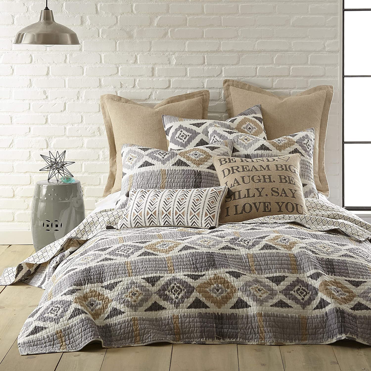 Levtex Home - Santa Fe Quilt - Ikat Pattern in Soft Grey， Cream and Tan - Full/Queen Quilt Size (88 x 92in.) - Reversible Pattern - Cotton - Shams Sold Separately