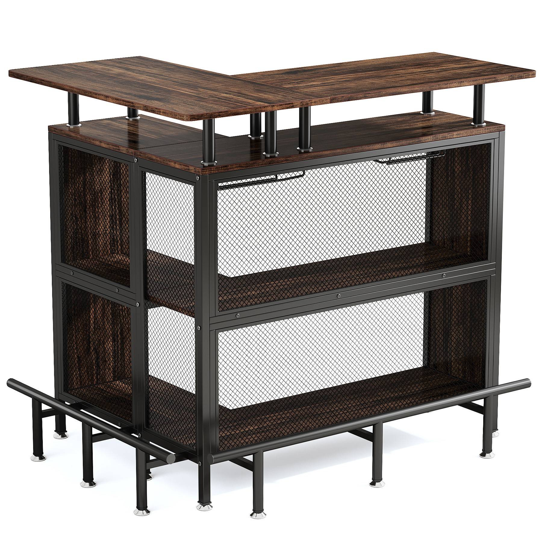 L-Shaped Home Bar Unit, Liquor Bar Table with Glasses Holders & Shelves