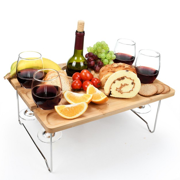 Tirrinia Bamboo Wine Picnic Table Large Folding Portable Outdoor Snack amp Cheese Tray With 4 Wine Glasses Holder For Concerts At Park Or Party Beach