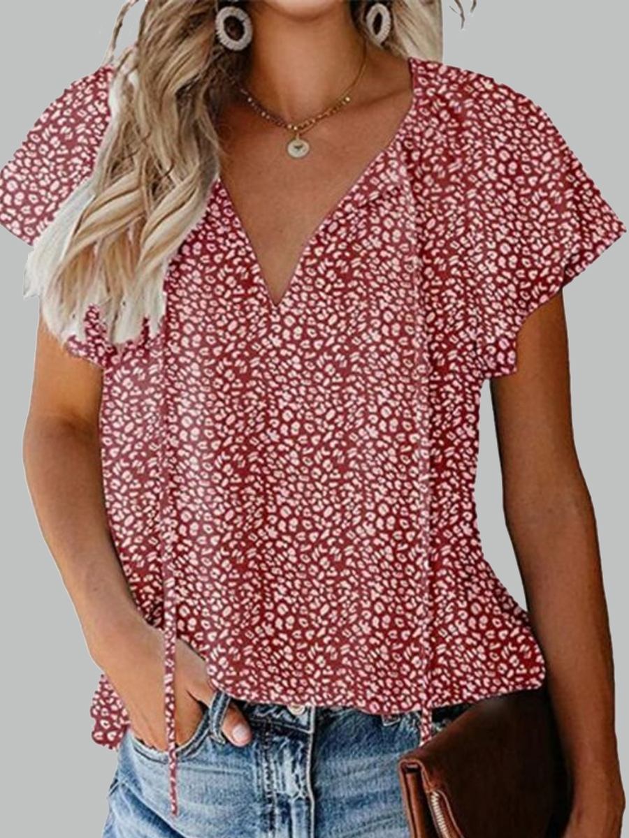 Floral Casual V-Neck Loose Short Sleeve Blouse