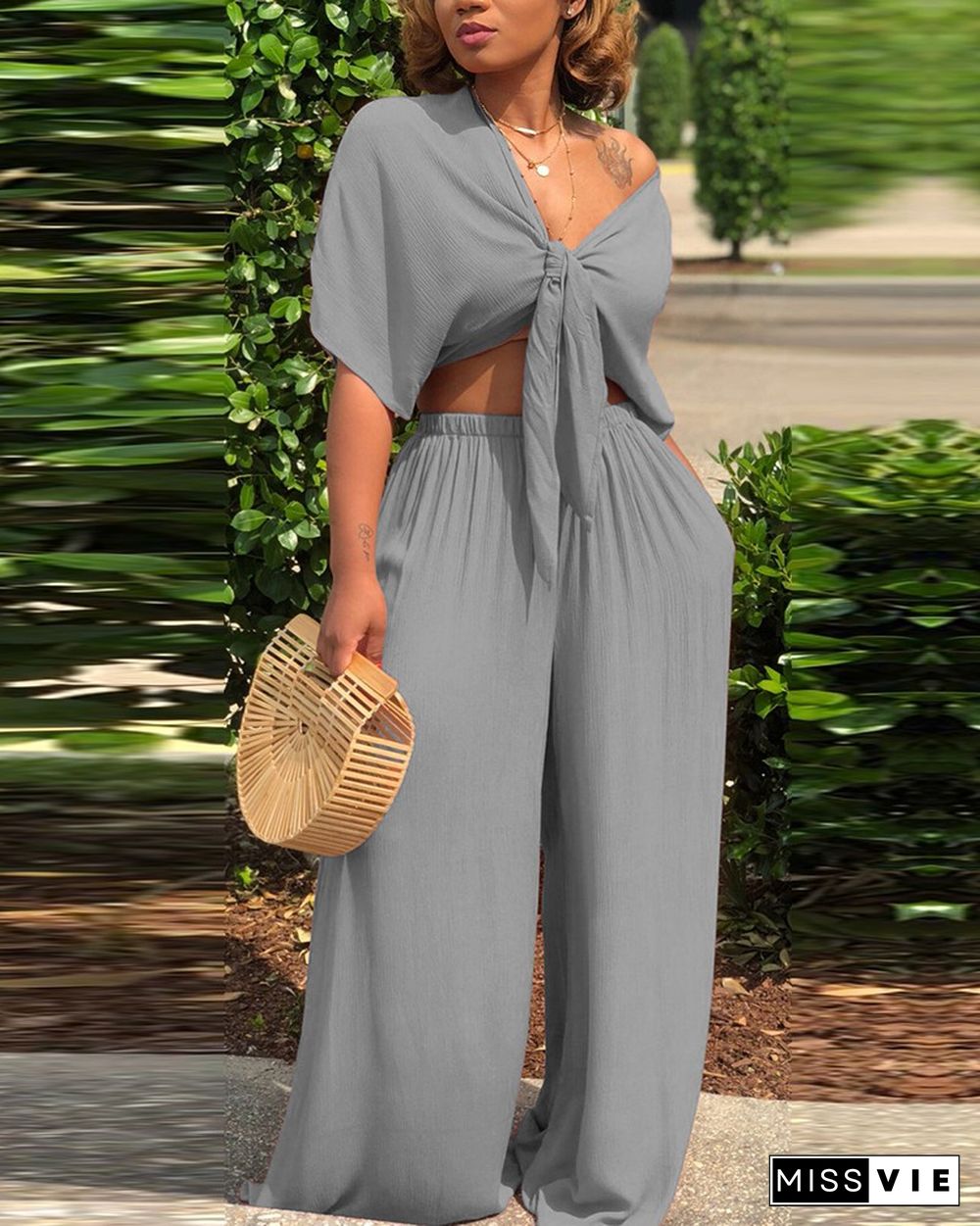 Solid Color Tie Front Crop Top & Wide Leg Pants Set