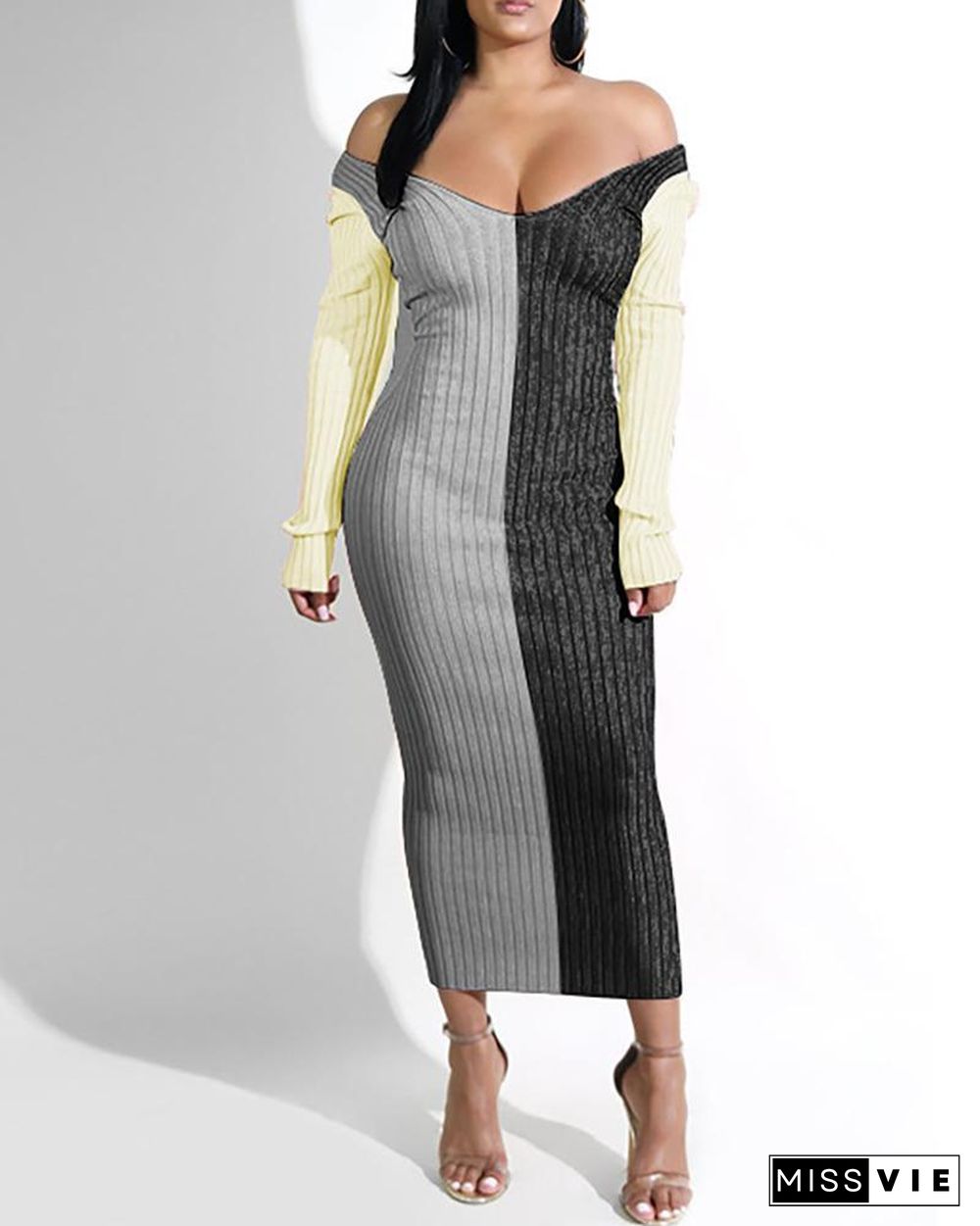 Colorblock Ribbed Off Shoulder Maxi Dress P10976