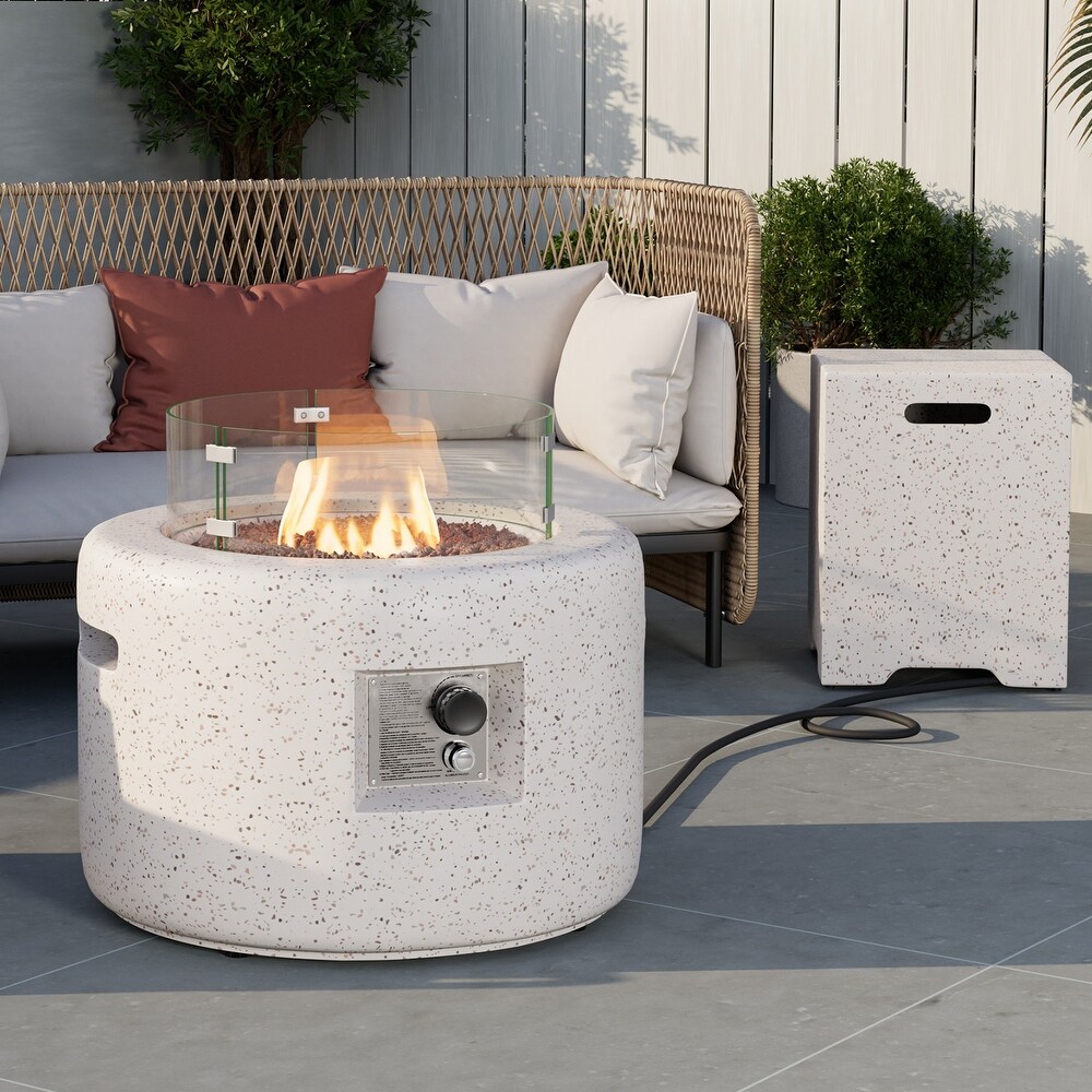 COSIEST Outdoor White Round Fire Pit Table w Wind Glass  Tank Table