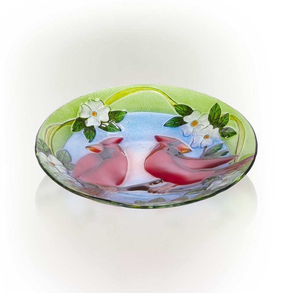 Alpine Corporation 18 in. Round Outdoor Birdbath Bowl Topper with Painted Red Cardinal and Floral Design KPP608T-18