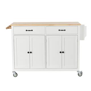 HwoamneT 54.3 in. W White Kitchen Island Cart with Solid Wood Top Locking Wheels 4-Door Cabinet 2-Drawers Spice Rack Towel Rack SH#WF286911WH