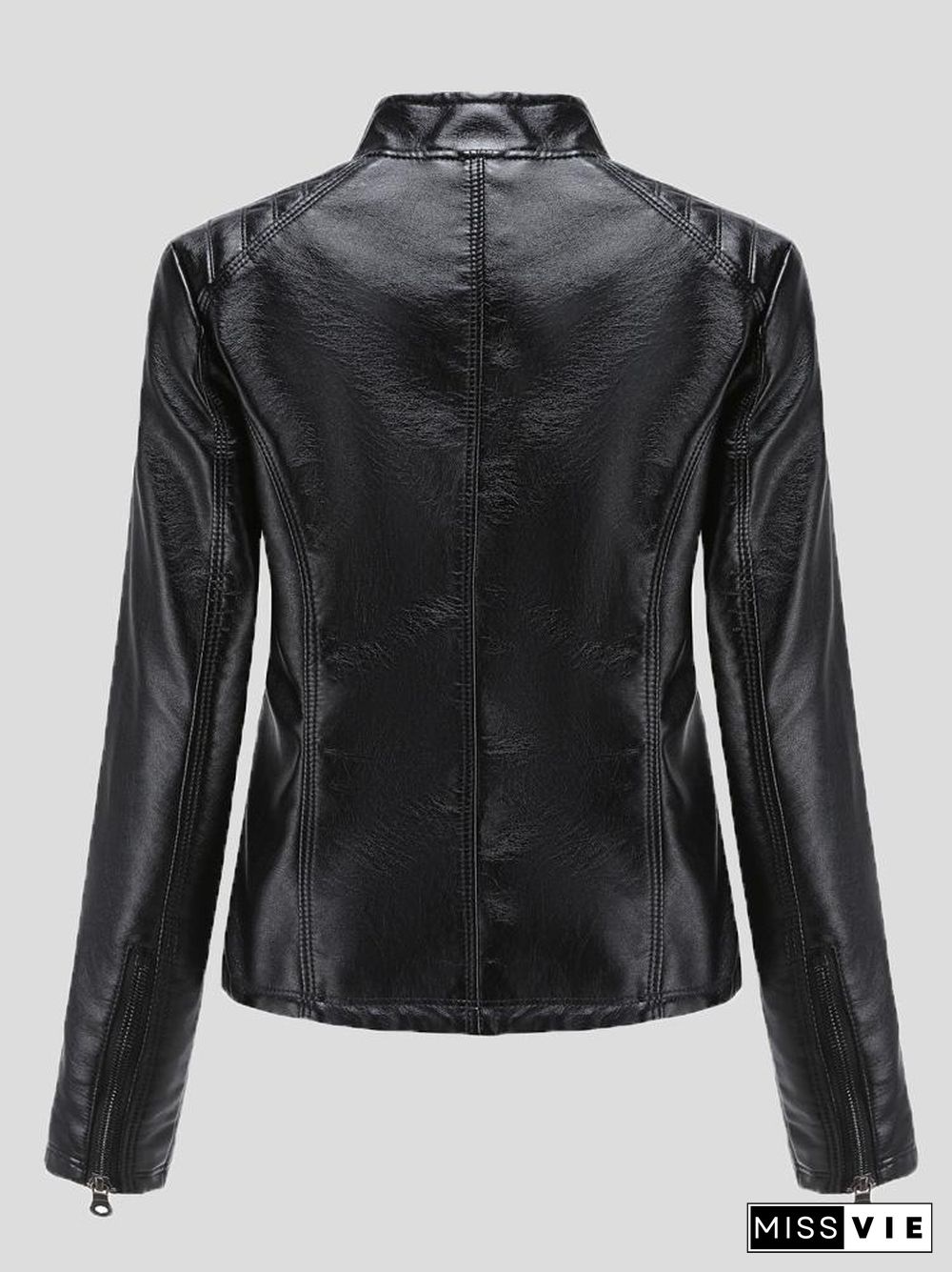 Women's Jackets Casual Stand-Collar Slim Solid Leather Jacket