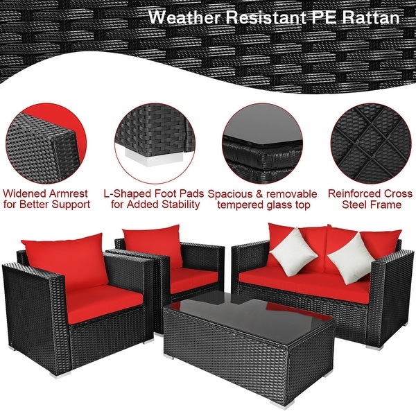 Gymax 4PCS Rattan Patio Conversation Set Outdoor Furniture Set w/