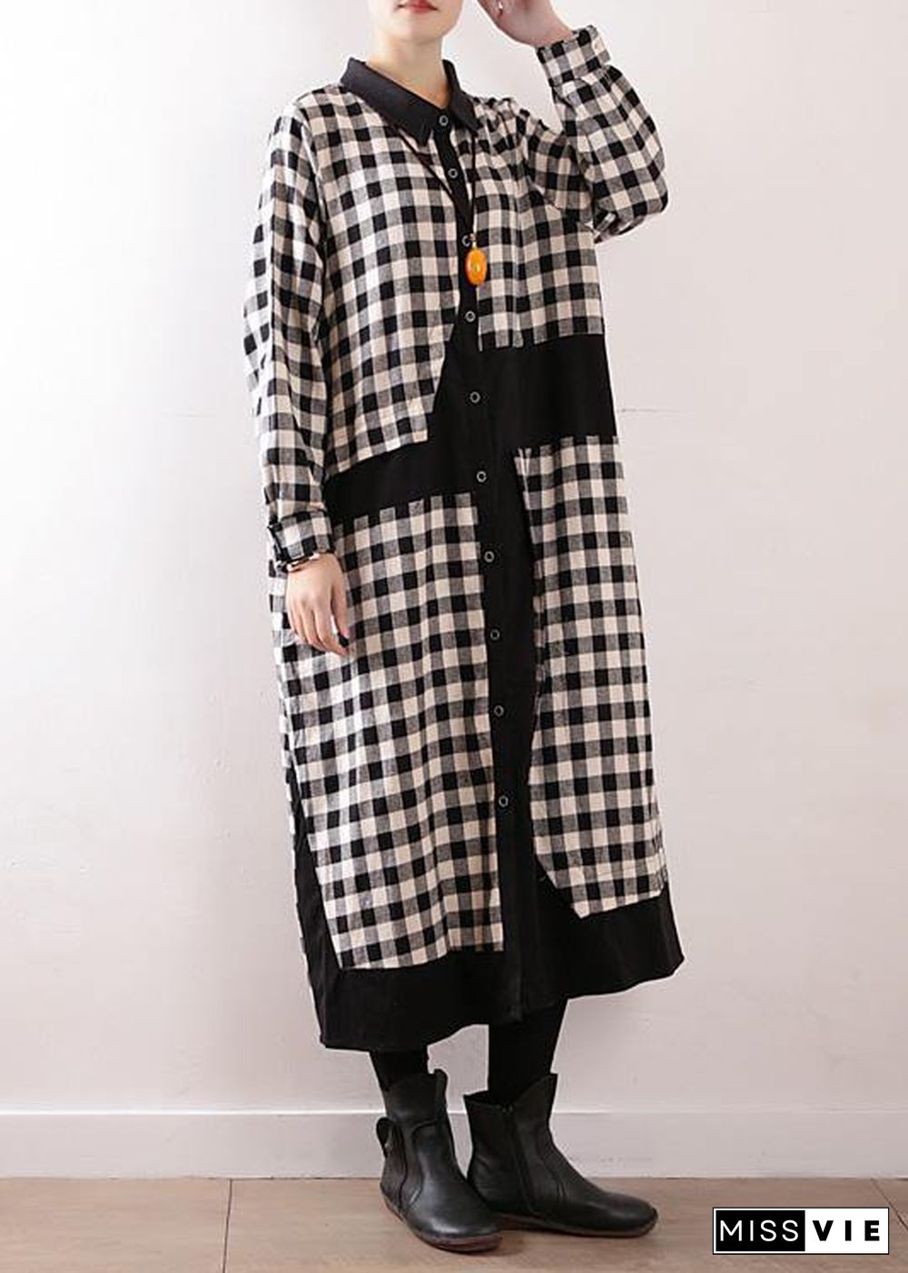 Women plaid cotton clothes For Women lapel collar Art autumn shirt dress